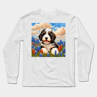 Bernedoodle Puppy in Texas Wildflower Field Long Sleeve T-Shirt